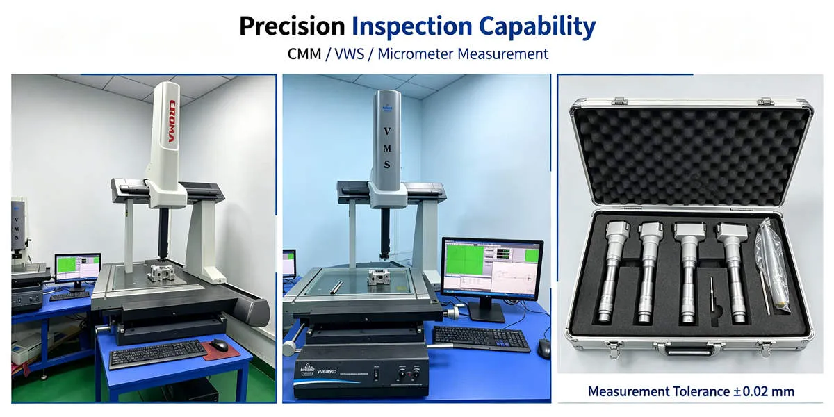 Aluminum Precision Components Quality Inspection – CNC Machining Control Quality inspection of aluminum precision components using advanced measurement equipment to ensure CNC machining accuracy