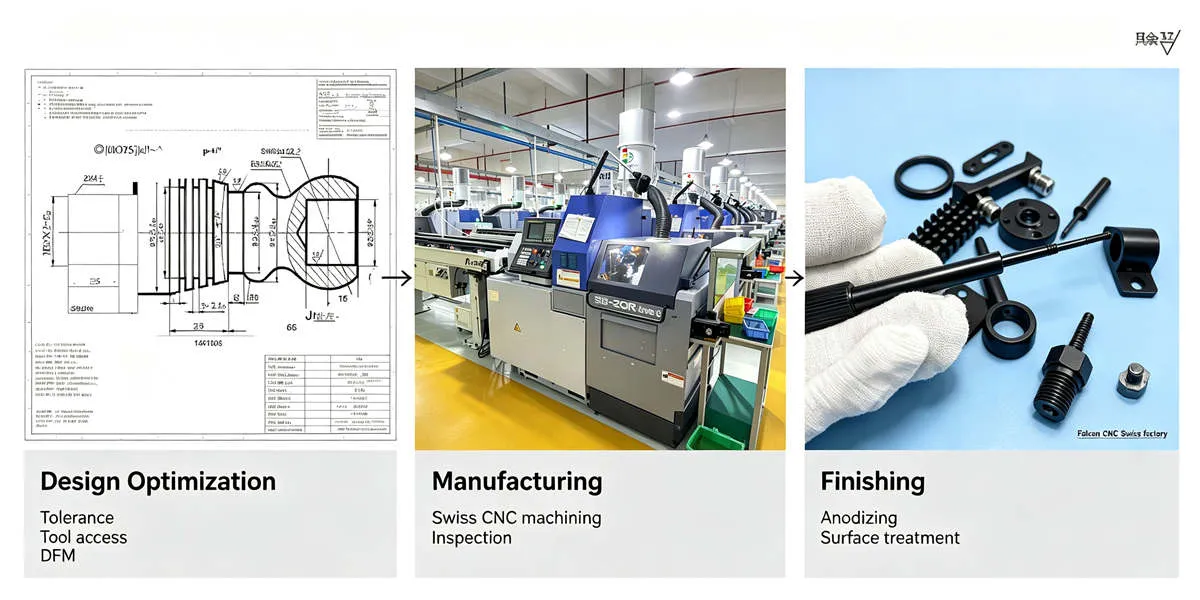 Aluminum Swiss Machining DFM and Quality Control Aluminum Swiss machining with DFM optimization and quality control inspection for precision manufactured components
