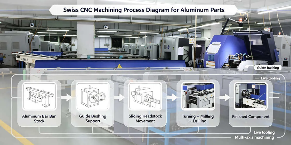 Swiss CNC Machining Process for Aluminum Parts Swiss CNC machining process for aluminum parts using precision turning technology for small and complex components