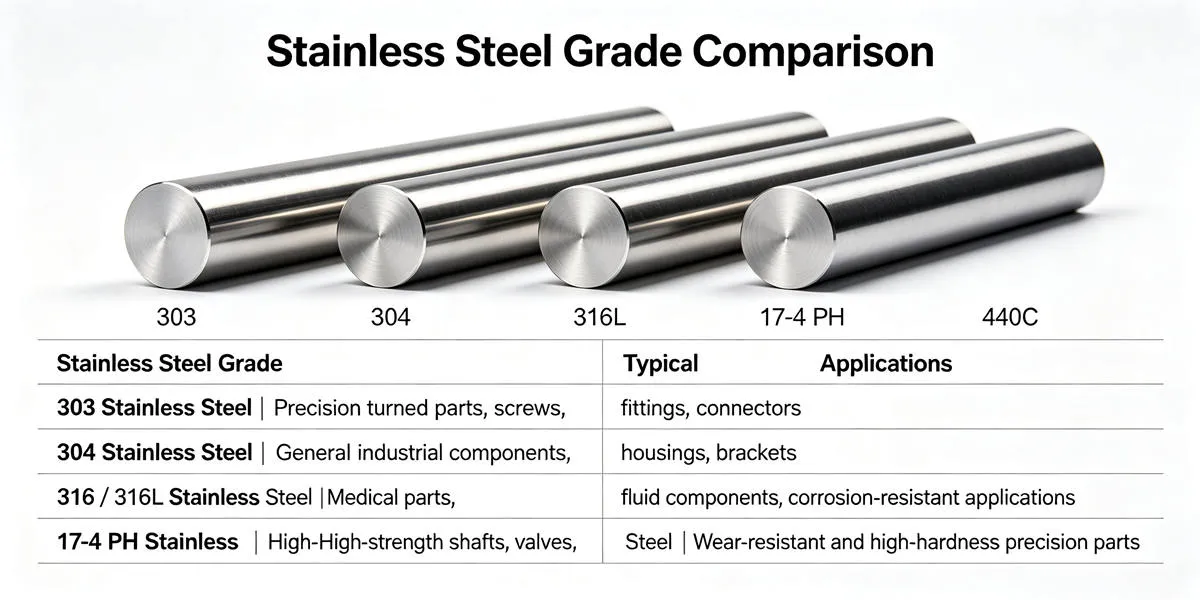 Stainless steel machining material grades including 303, 304 and 316 stainless steel for precision CNC parts