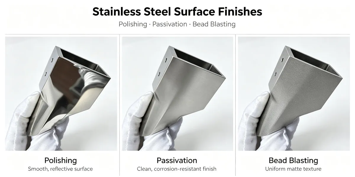 Surface finishing options for CNC machined stainless steel parts to improve appearance, corrosion resistance and durability