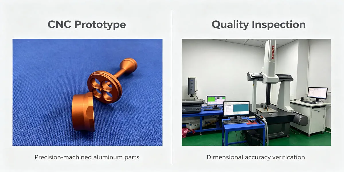 Aluminum CNC Prototype Quality Inspection Quality inspection of CNC machined aluminum prototypes to verify dimensions, tolerances and surface finish