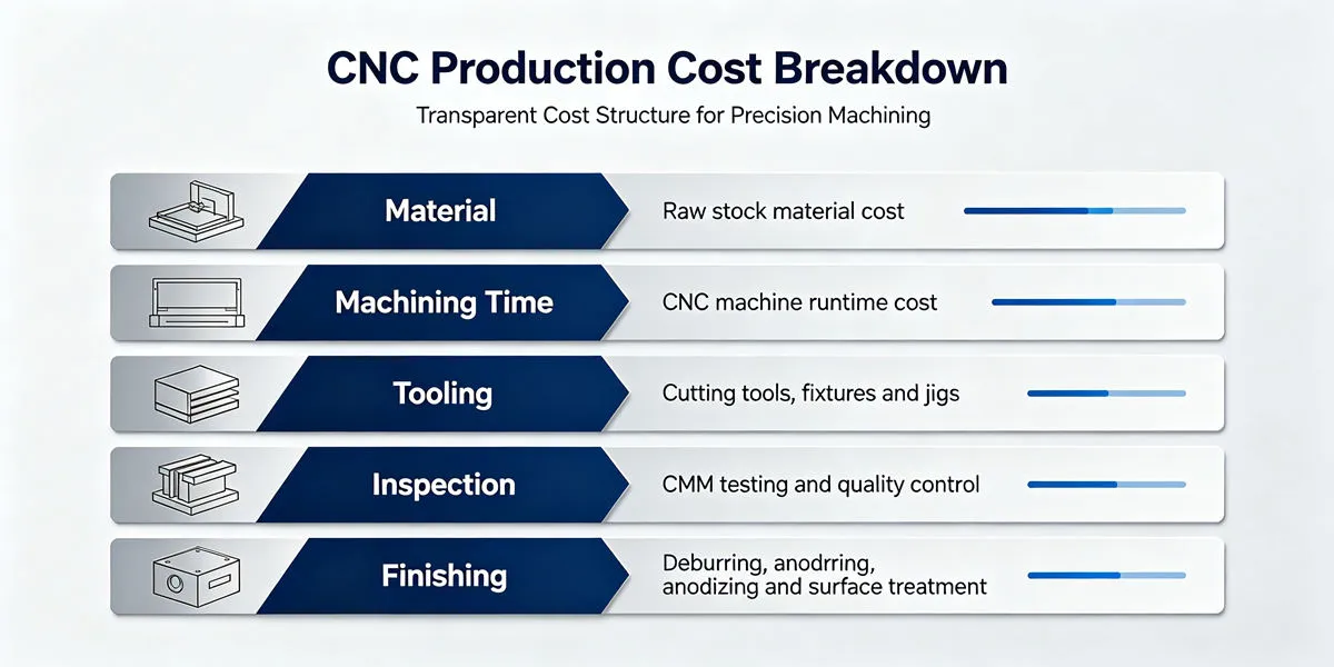 Key cost factors in high volume aluminum CNC production including material, machining time, tooling and production volume