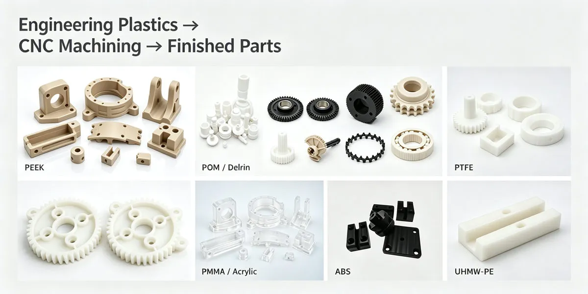 Plastic Materials for CNC Machining – Engineering Plastics Engineering plastic materials used in CNC machining including PEEK, Delrin, nylon and other precision plastic materials