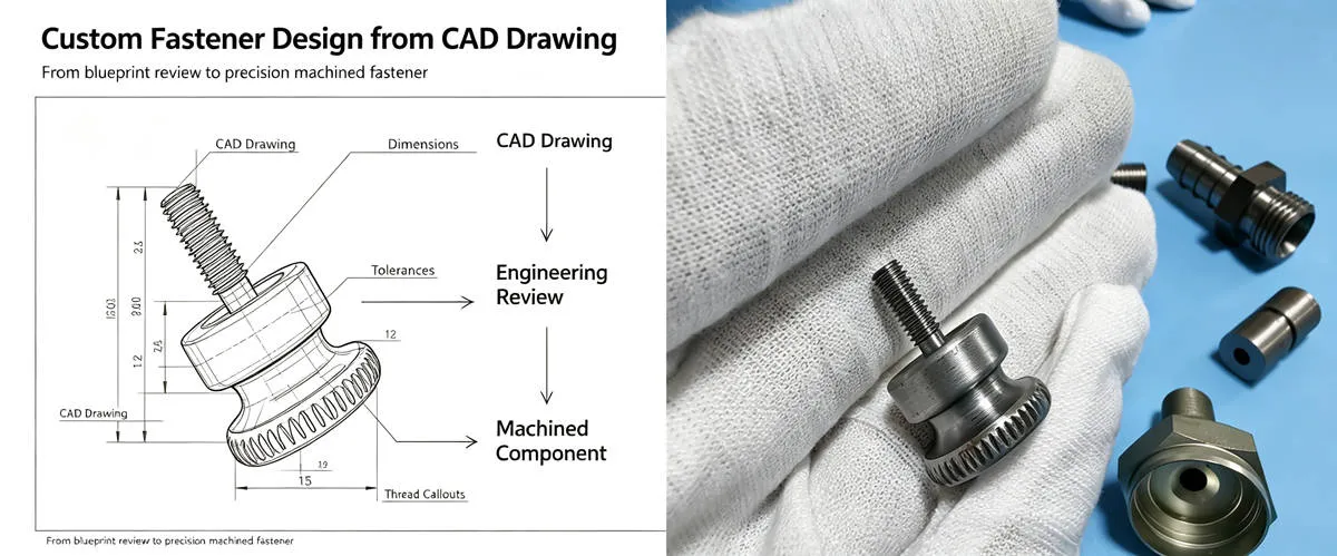 Custom Fastener Design and CAD Drawing Custom fastener design and CAD drawing showing dimensions, features and specifications for precision manufacturing