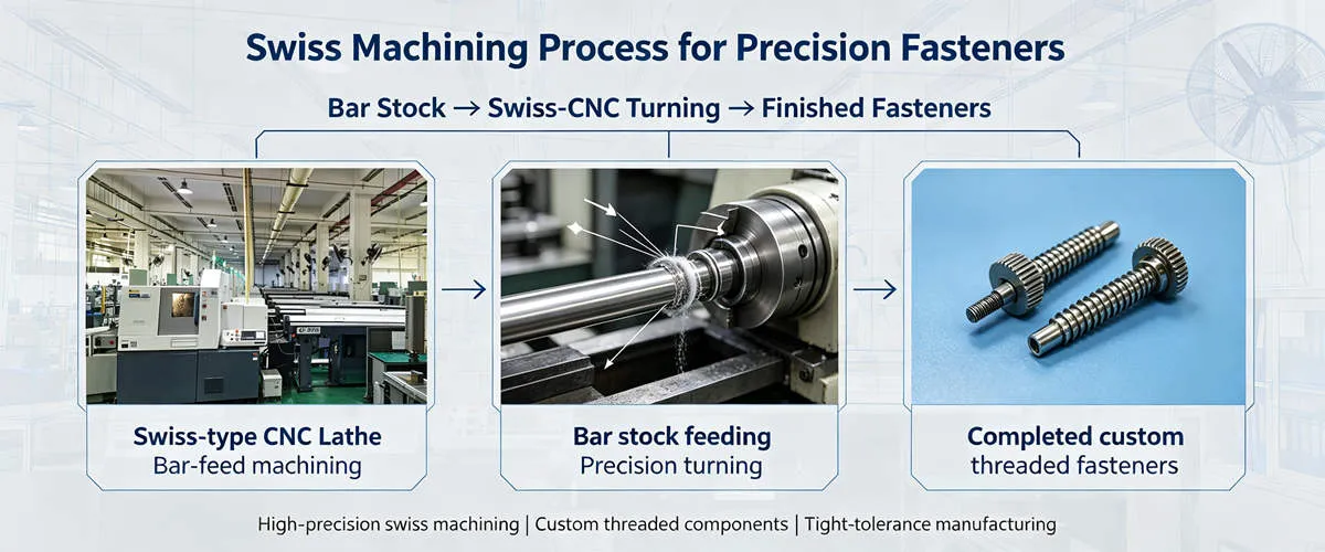Swiss Machining Custom Precision Fasteners Custom precision fasteners manufactured by Swiss machining for small diameter parts and tight tolerance requirements