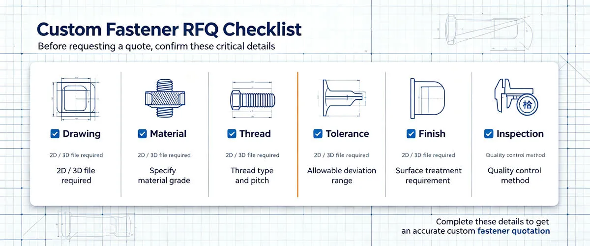 Custom Fastener RFQ Specification Checklist Custom fastener RFQ specification checklist covering material, dimensions, thread specifications, tolerances and finishing requirements