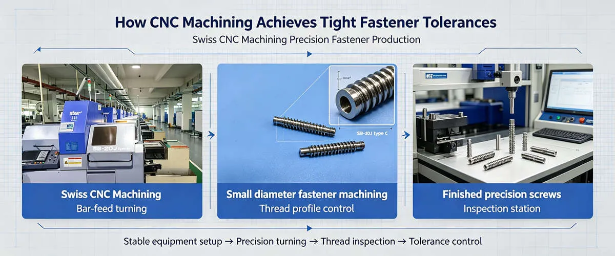 Swiss CNC Machining for Precision Fasteners Swiss CNC machining of precision fasteners for small diameter bolts, nuts and threaded components