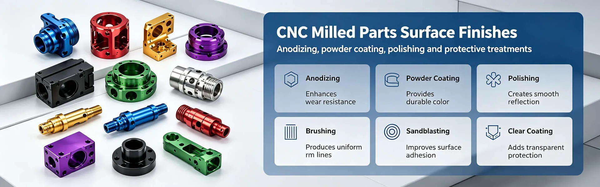 CNC Milled Parts Surface Finishes CNC milled parts with surface finishes including anodizing, polishing and protective treatments for improved performance