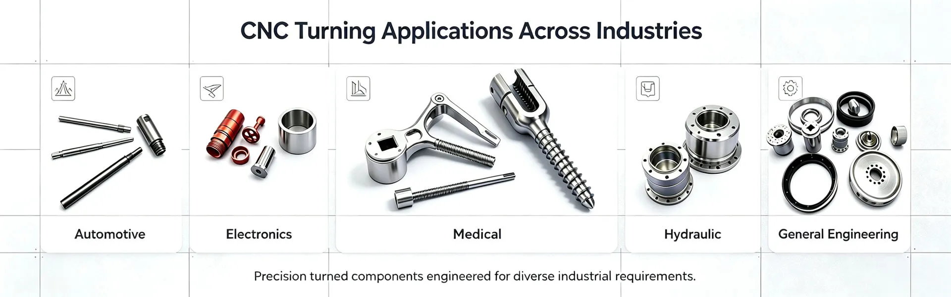 CNC turned components manufactured for medical, electronics and industrial applications requiring precision machining