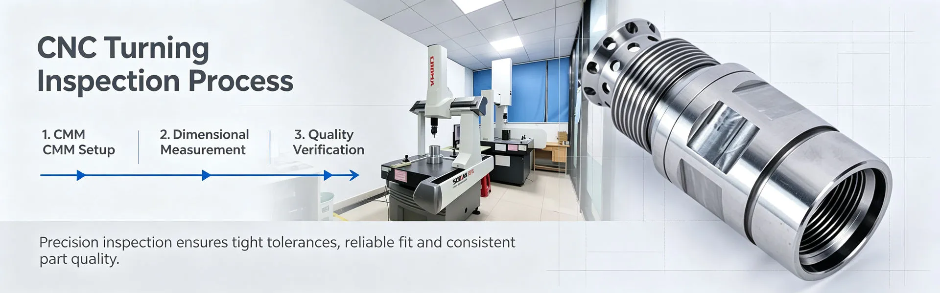 CNC turning inspection process for verifying dimensional accuracy, tolerances and quality of precision turned parts
