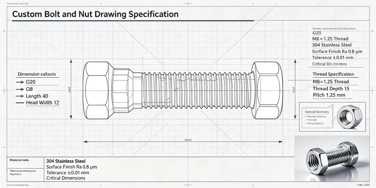 Custom bolt and nut design specifications including dimensions, threads, tolerances and engineering requirements