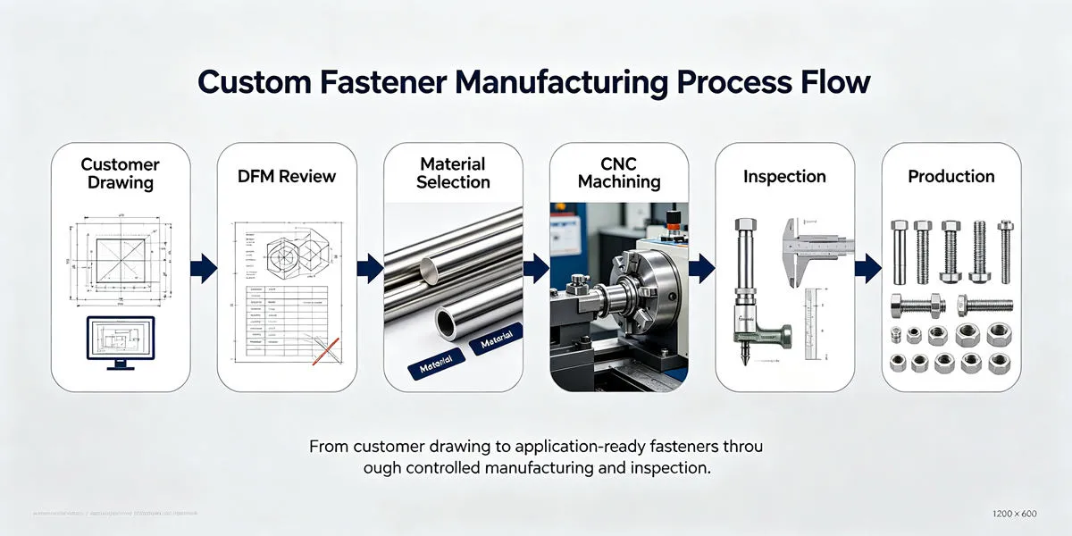 Made-to-print fasteners manufacturing process from engineering drawings to CNC machined bolt and nut production