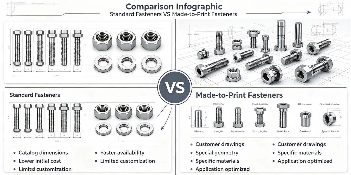 Standard fasteners compared with made-to-print fasteners for custom industrial applications and precise requirements
