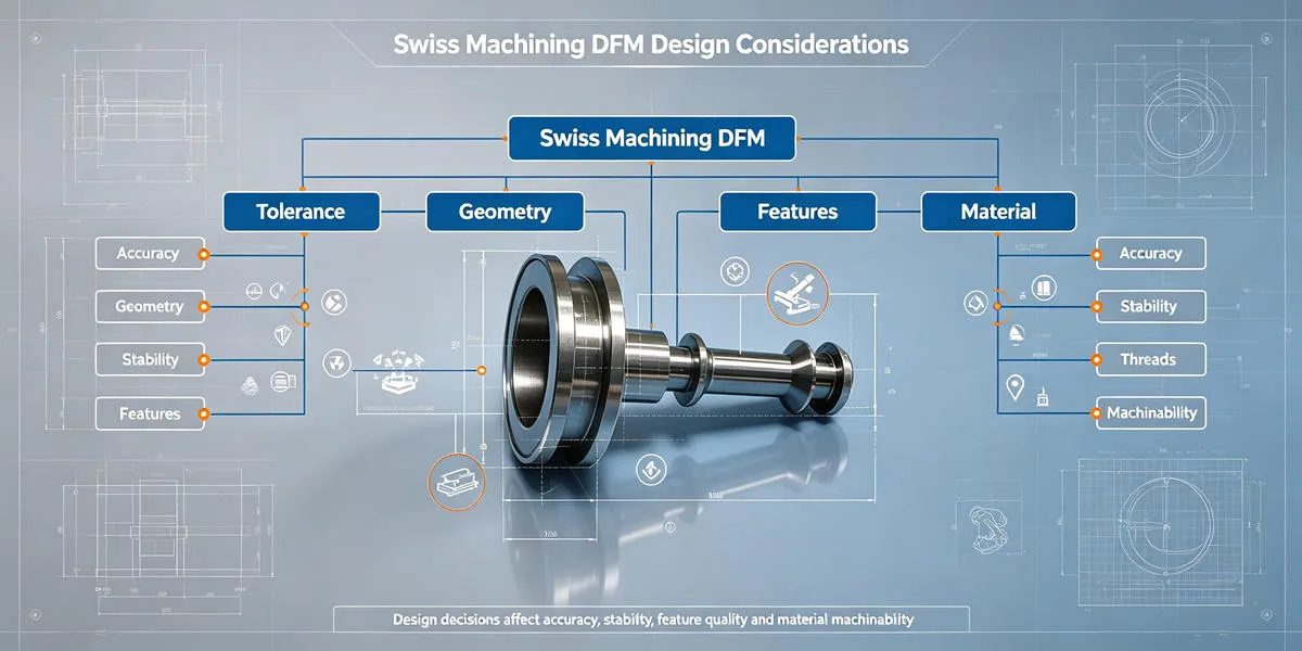 Swiss machining design guidelines covering part geometry, tool access, features and tolerances for manufacturable components