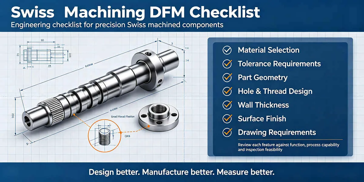 Swiss machining DFM checklist for engineers reviewing tolerances, threads, tool access, material and part geometry