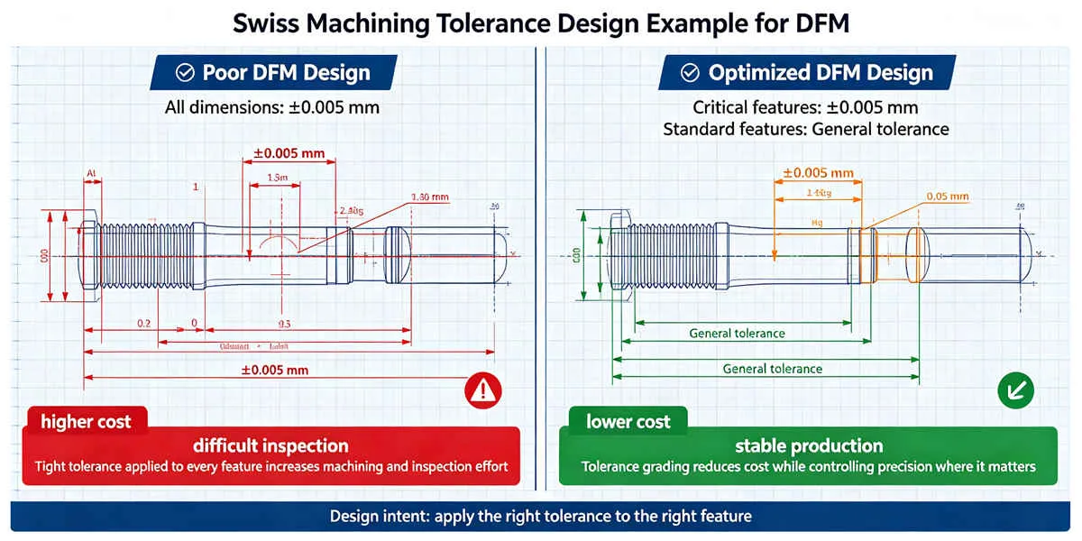 Swiss machining tolerance design example showing how DFM principles help control critical dimensions and machining requirements