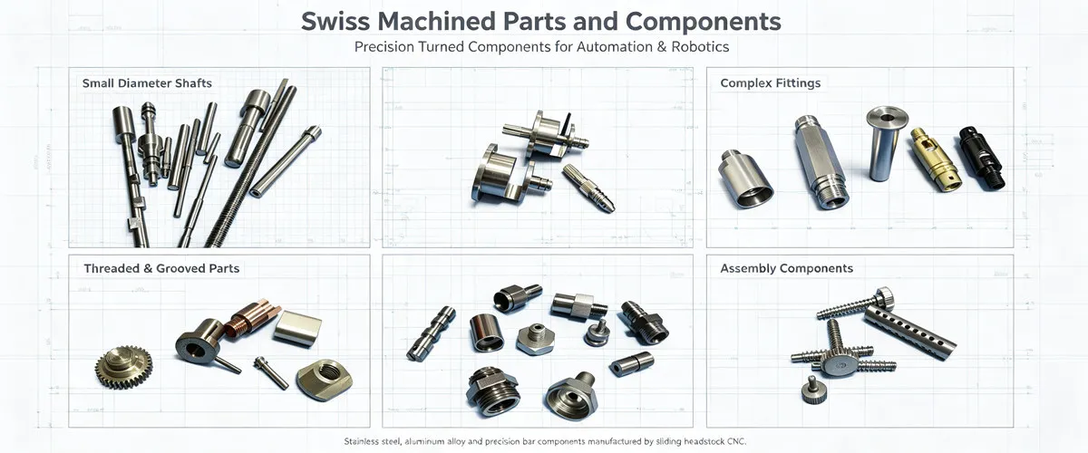 Common Swiss Machined Parts Common Swiss machined parts including pins, shafts, bushings, connectors, fittings and other precision components