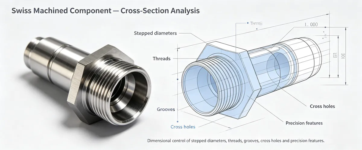 Complex Part Features for Swiss Machining Complex Swiss machined part features including small diameters, deep holes, threads, grooves and tight tolerance details