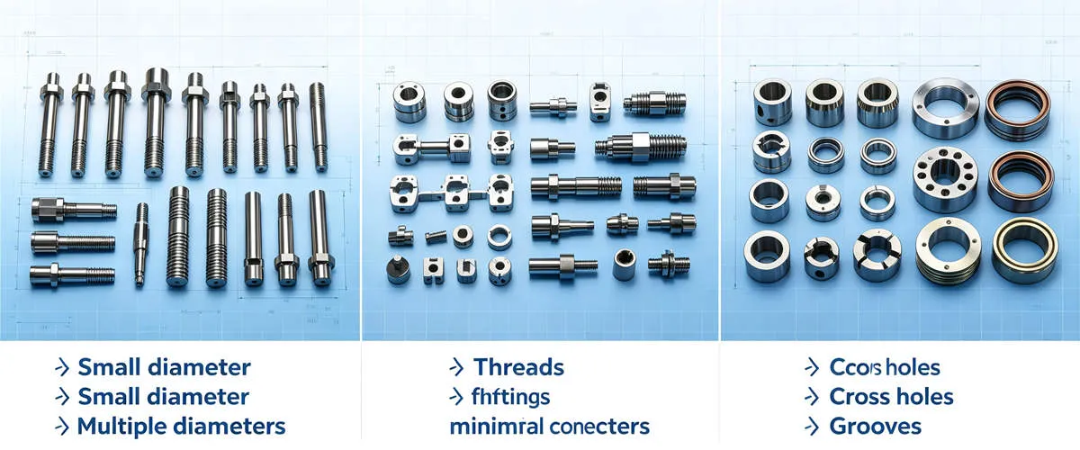 Swiss Screw Machined Parts Examples Examples of Swiss screw machined parts with precision threads, small diameters and complex turned features