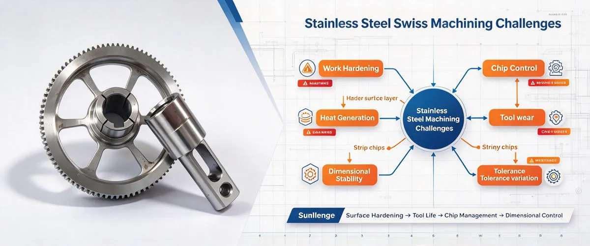 Stainless Steel Swiss Machining Challenges and Solutions Stainless steel Swiss machining challenges including tool wear, chip control and precision manufacturing considerations