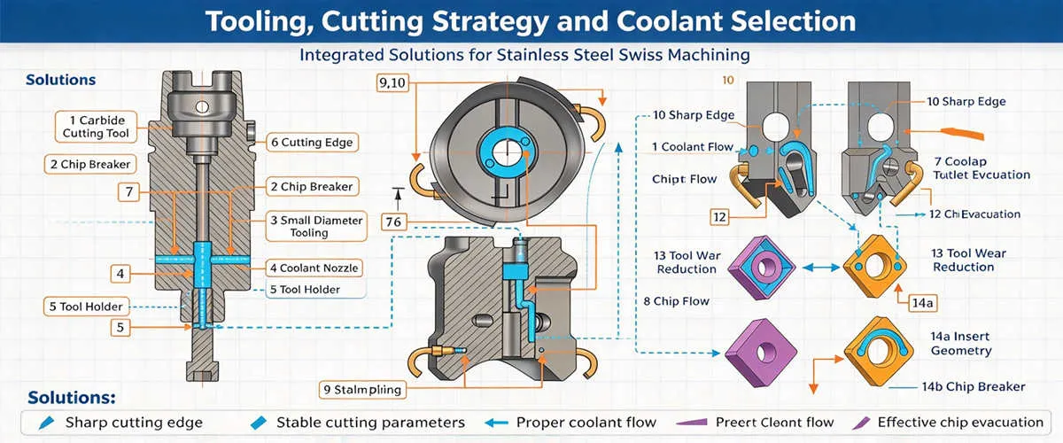 Swiss Machining Tooling and Coolant for Stainless Steel Swiss machining tooling and coolant strategies for stainless steel components requiring stable cutting performance