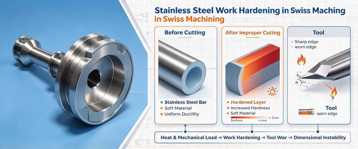 Stainless Steel Work Hardening in Swiss Machining Stainless steel work hardening during Swiss machining and methods to maintain cutting performance and part accuracy